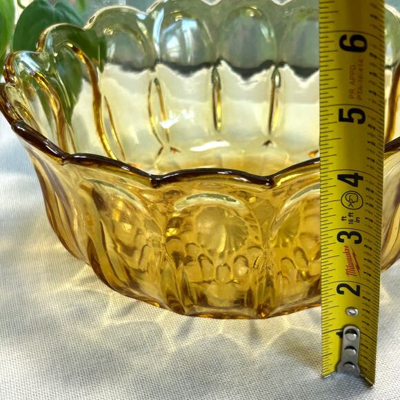 Vintage Amber Glass Serving Bowl – Scalloped Edge with Floral Panel Design - Picture 10 of 11